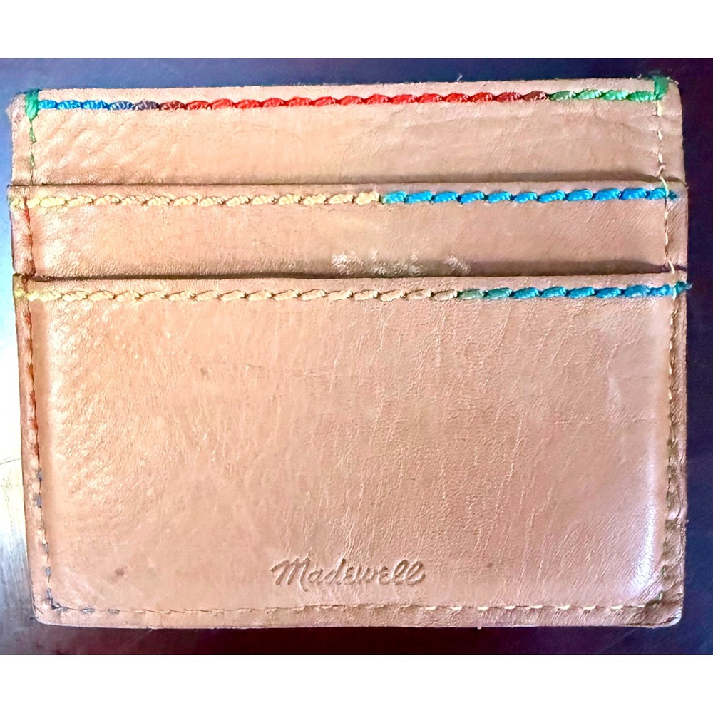Madewell Tan Genuine Leather Card Case Wallet Rainbow Contrast Stitching Slim